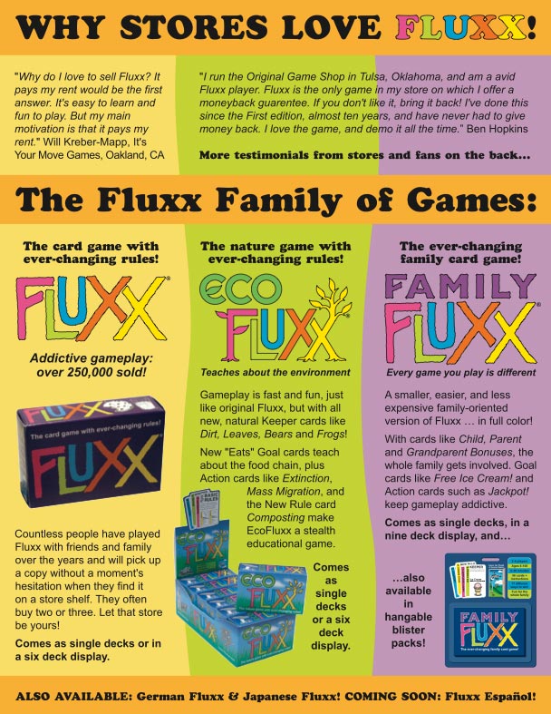 Looney Labs Fluxx promotional flyer.