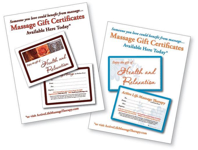 Massage gift certificate signs.